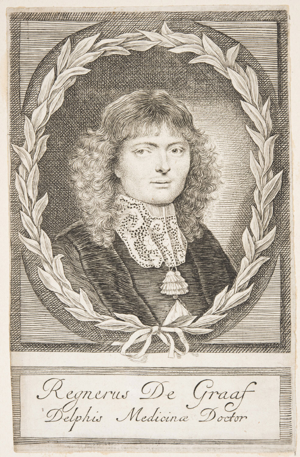A printed bust-length portrait of a man in an oval, surrounded with a laurel. He is wearing seventeenth-century clothes and wears his curly hair loose to his shoulders. He looks out with a direct, neutral expression. Below him there is an inscription that identifies him.